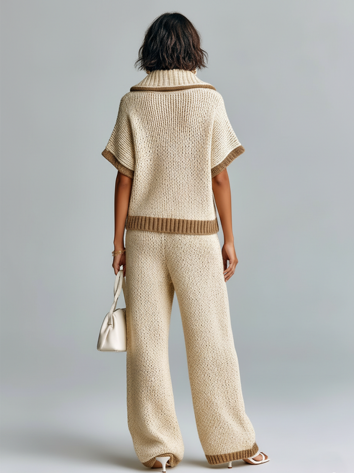 Fashion Casual Beige Colorblock Lapel Collar Short-Sleeve Loose Sweater Wide-Leg Pants Knit Two-Piece Set