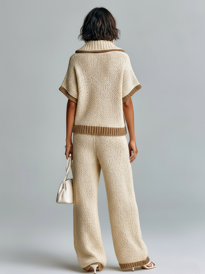 Fashion Casual Beige Colorblock Lapel Collar Short-Sleeve Loose Sweater Wide-Leg Pants Knit Two-Piece Set