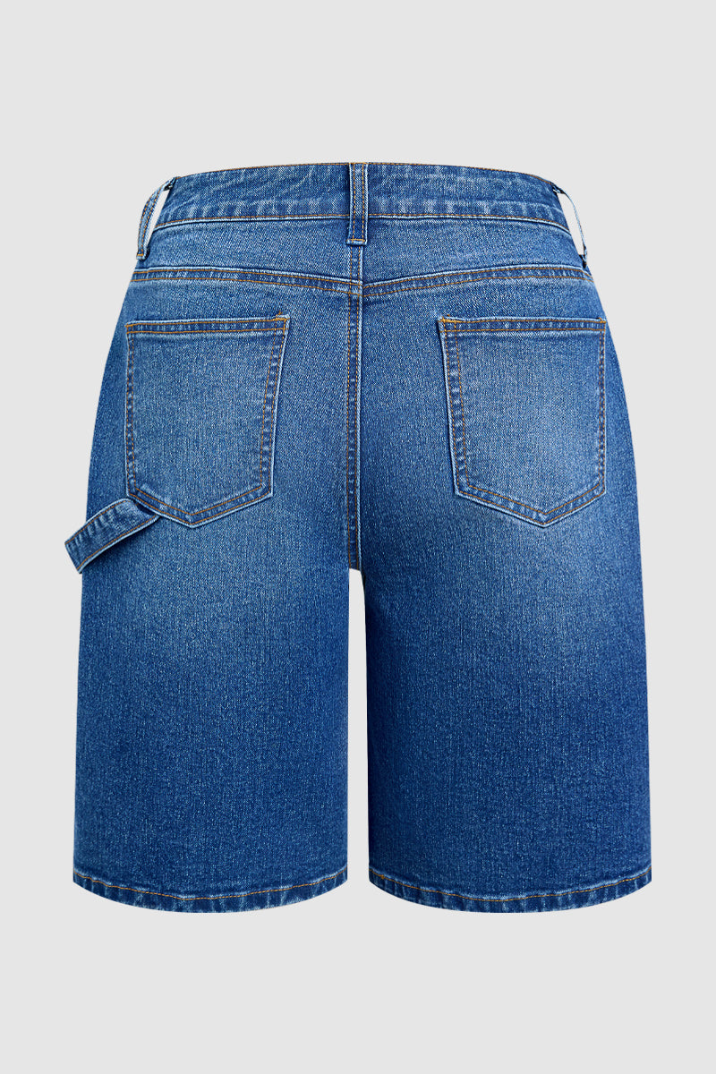 Wash Ripped Patch Pocket High Rise Denim Bermuda Shorts