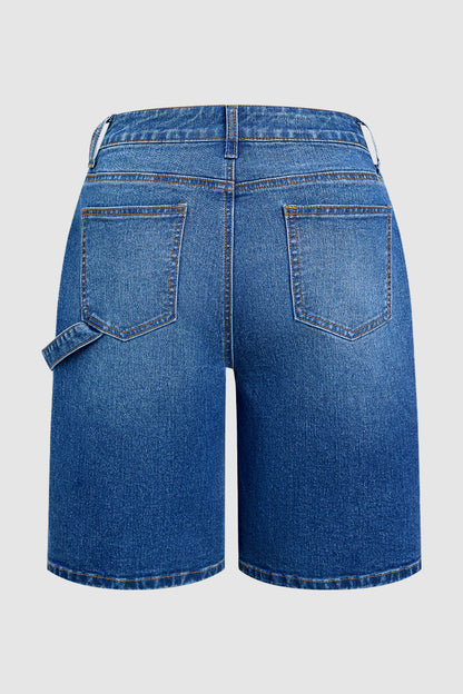 Wash Ripped Patch Pocket High Rise Denim Bermuda Shorts