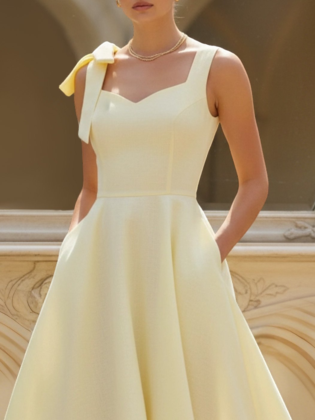 Robe Longue en Lin, Sans Manches, Col Carré, Unie, Nœud, Style Vintage Français, Jaune Clair