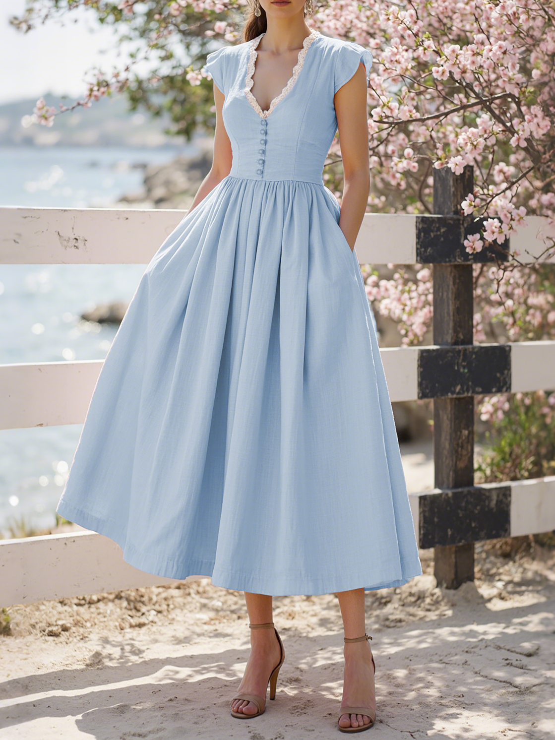 Robe midi en lin, manches courtes, col en V, mélange de lin, unie, Renaissance