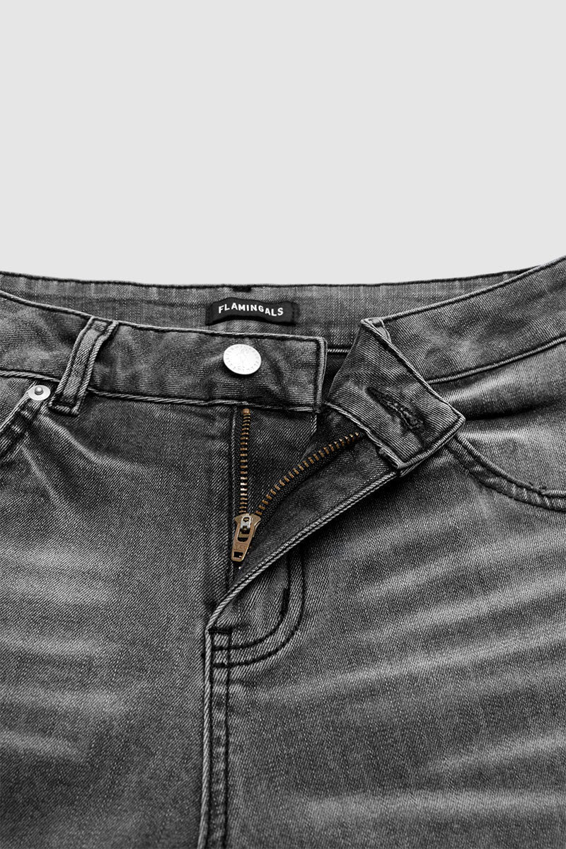 Wash Ripped Raw Hem Mid Waist Straight Leg Crop Jeans