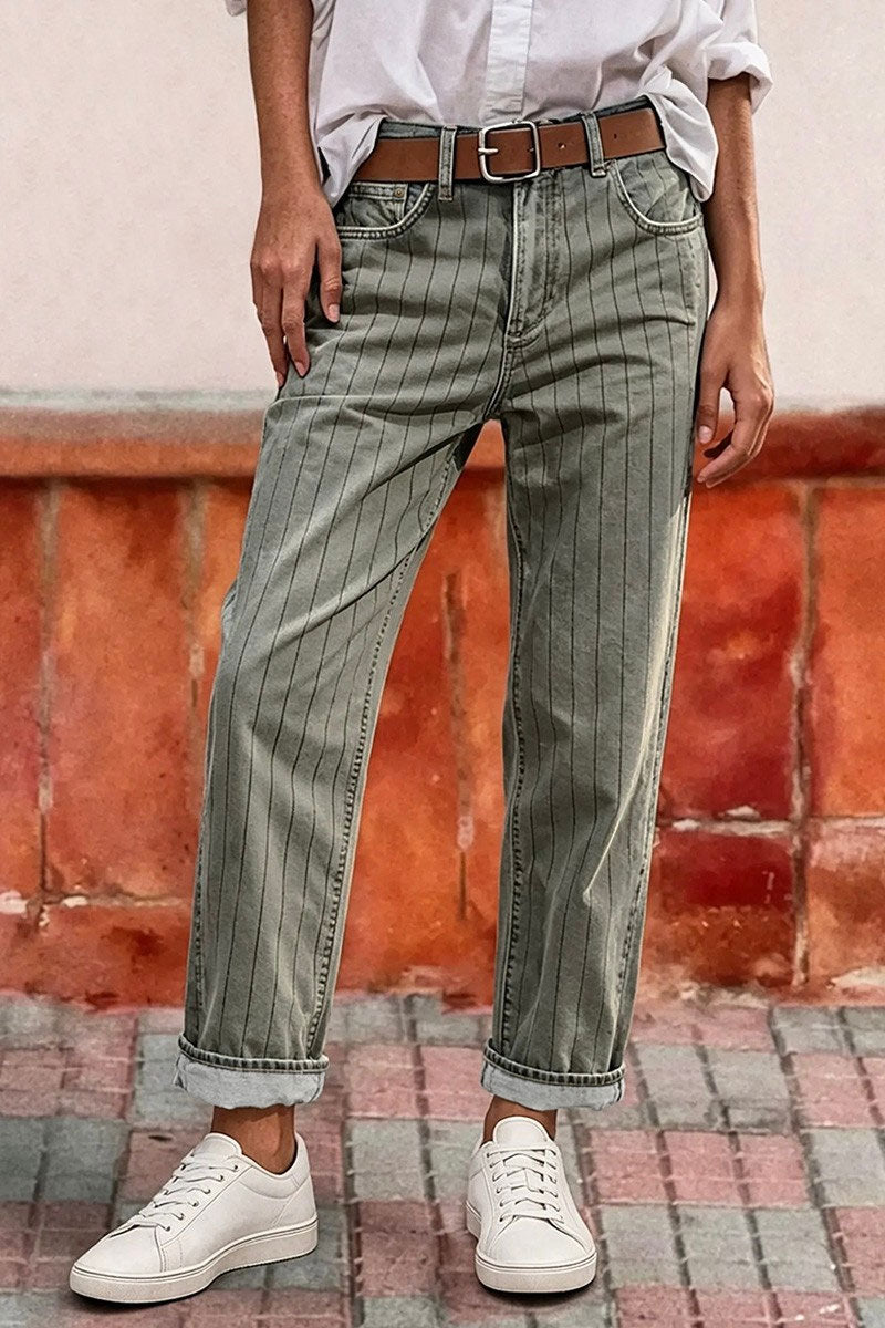 Pinstriped Roll Hem High Waist Straight Leg Cropped Pants Without Belt