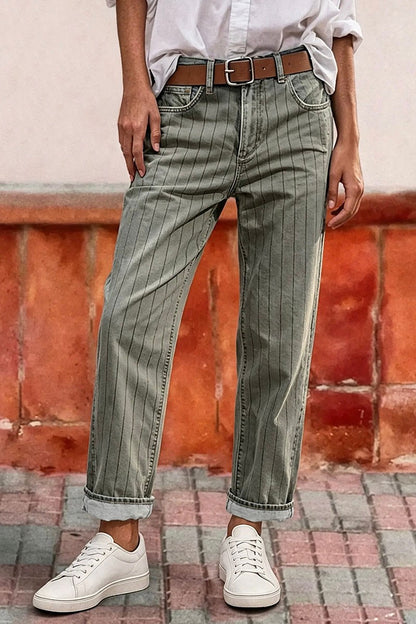 Pinstriped Roll Hem High Waist Straight Leg Cropped Pants Without Belt