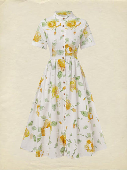 Robe Midi en Lin, Manches Courtes, Florale, Vintage, Blanche