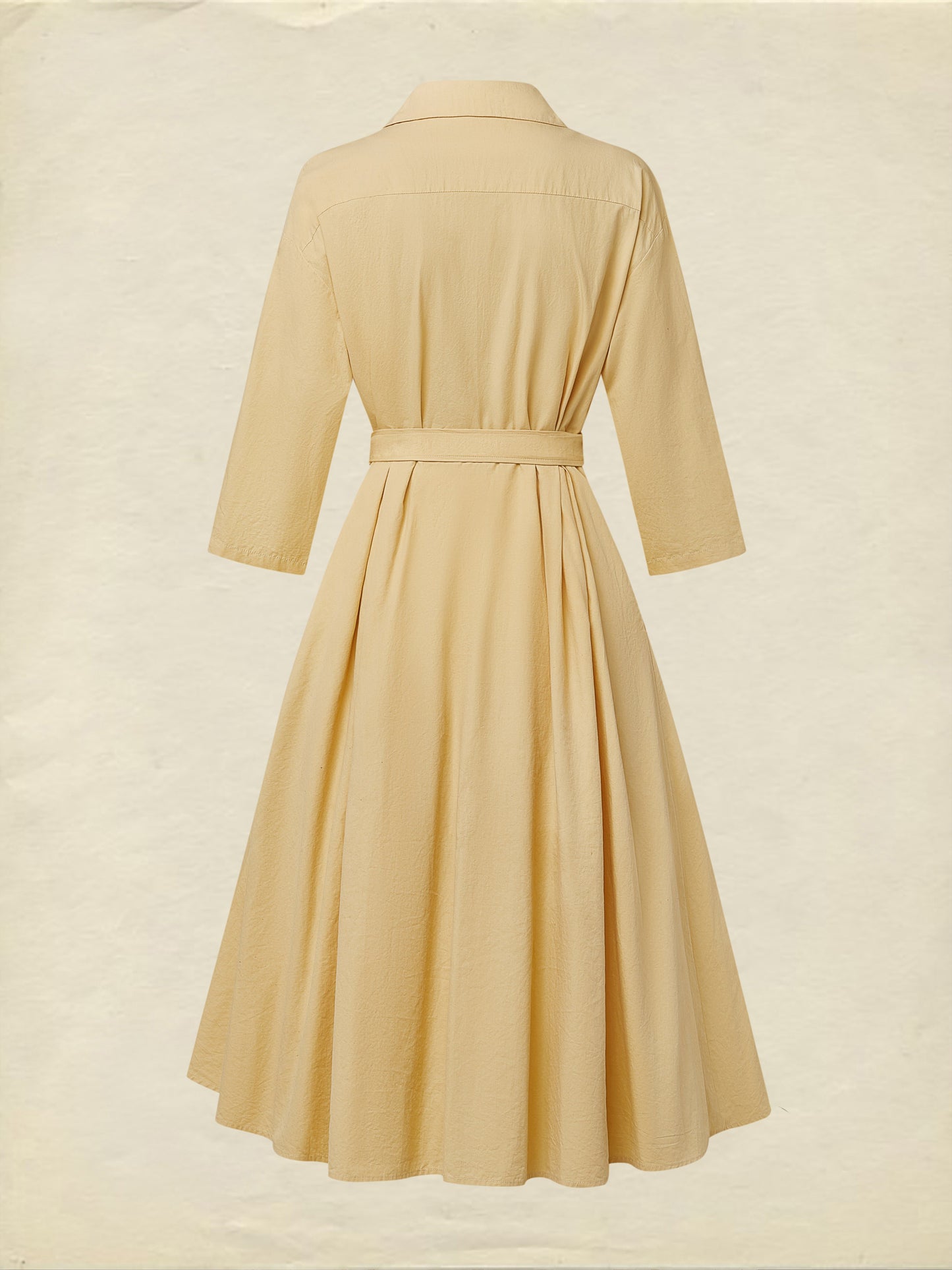 Robe midi boutonnée en coton, Manches courtes, Col à revers, Unie, Vintage, Quotidien, Jaune