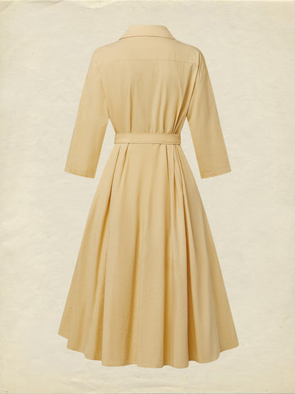 Robe midi boutonnée en coton, Manches courtes, Col à revers, Unie, Vintage, Quotidien, Jaune
