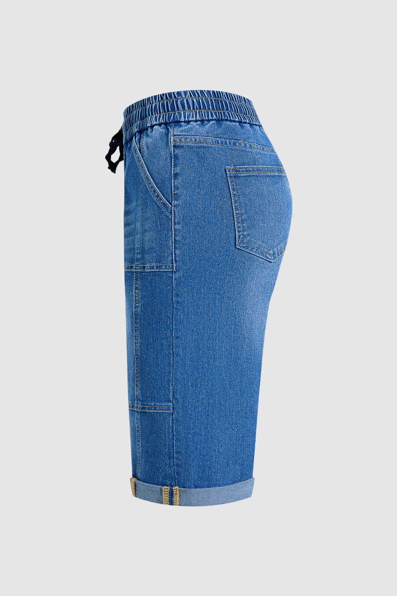 Wash Stitch Detail Roll Hem Drawstring Mid Rise Denim Bermuda Shorts