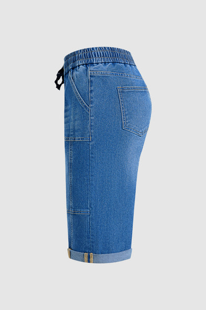 Wash Stitch Detail Roll Hem Drawstring Mid Rise Denim Bermuda Shorts