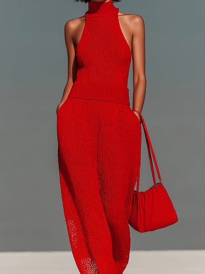 Chic Elegant Red Mock Neck Sleeveless Loose-Fit Wide Leg Mesh Knit Jumpsuit