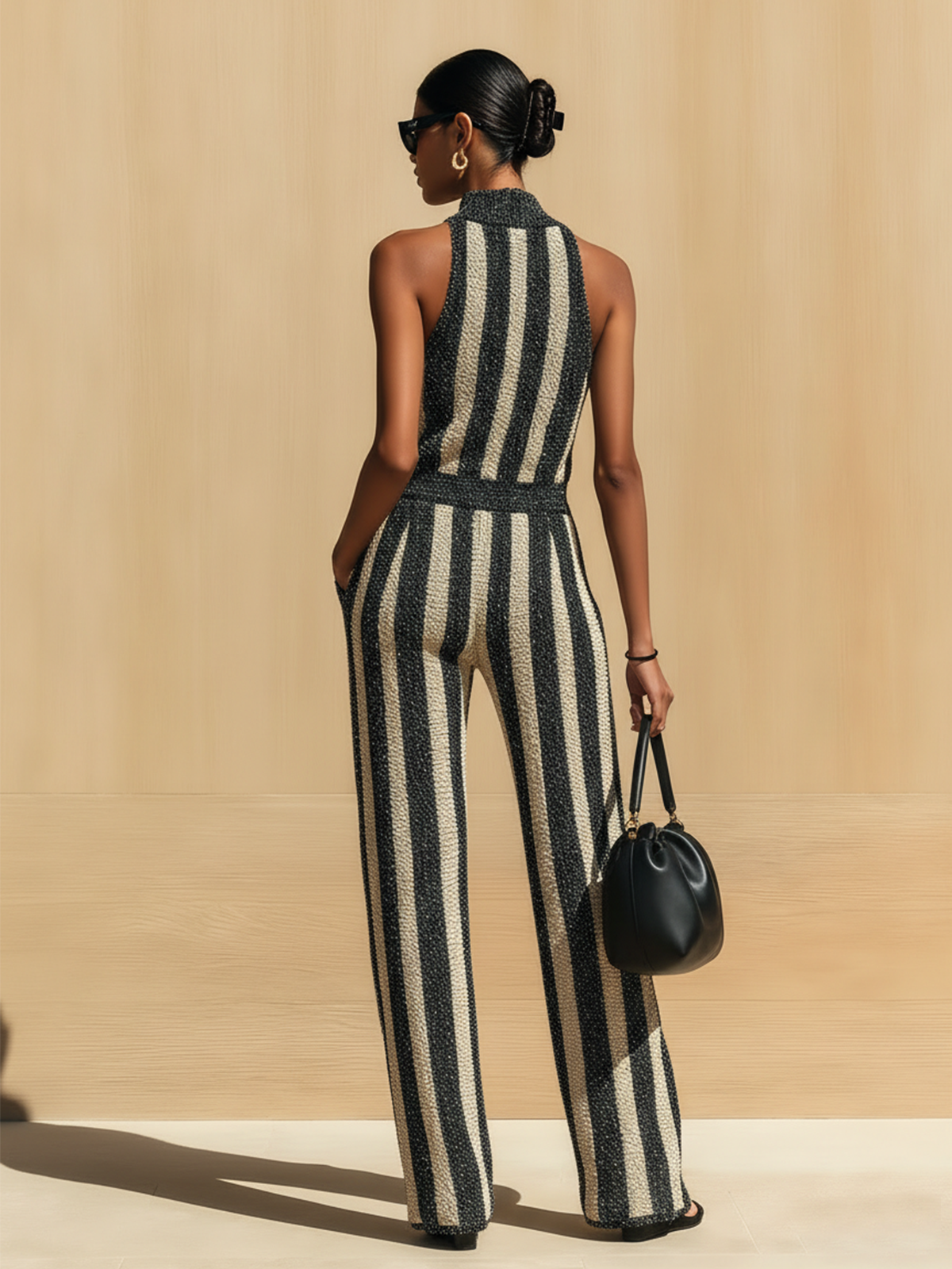 Chic Elegant Black-Beige Striped Mock-Neck Sleeveless Slim Fit Wide-Leg Ribbed Knit Jumpsuit