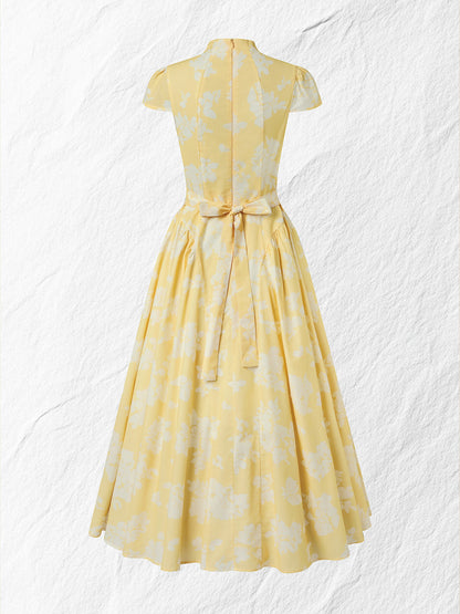 Robe midi en coton, manches courtes, à fleurs, style vintage français, jaune
