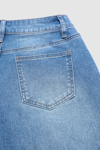 Wash Ripped Roll Hem Mid Waist Straight Leg Crop Jeans