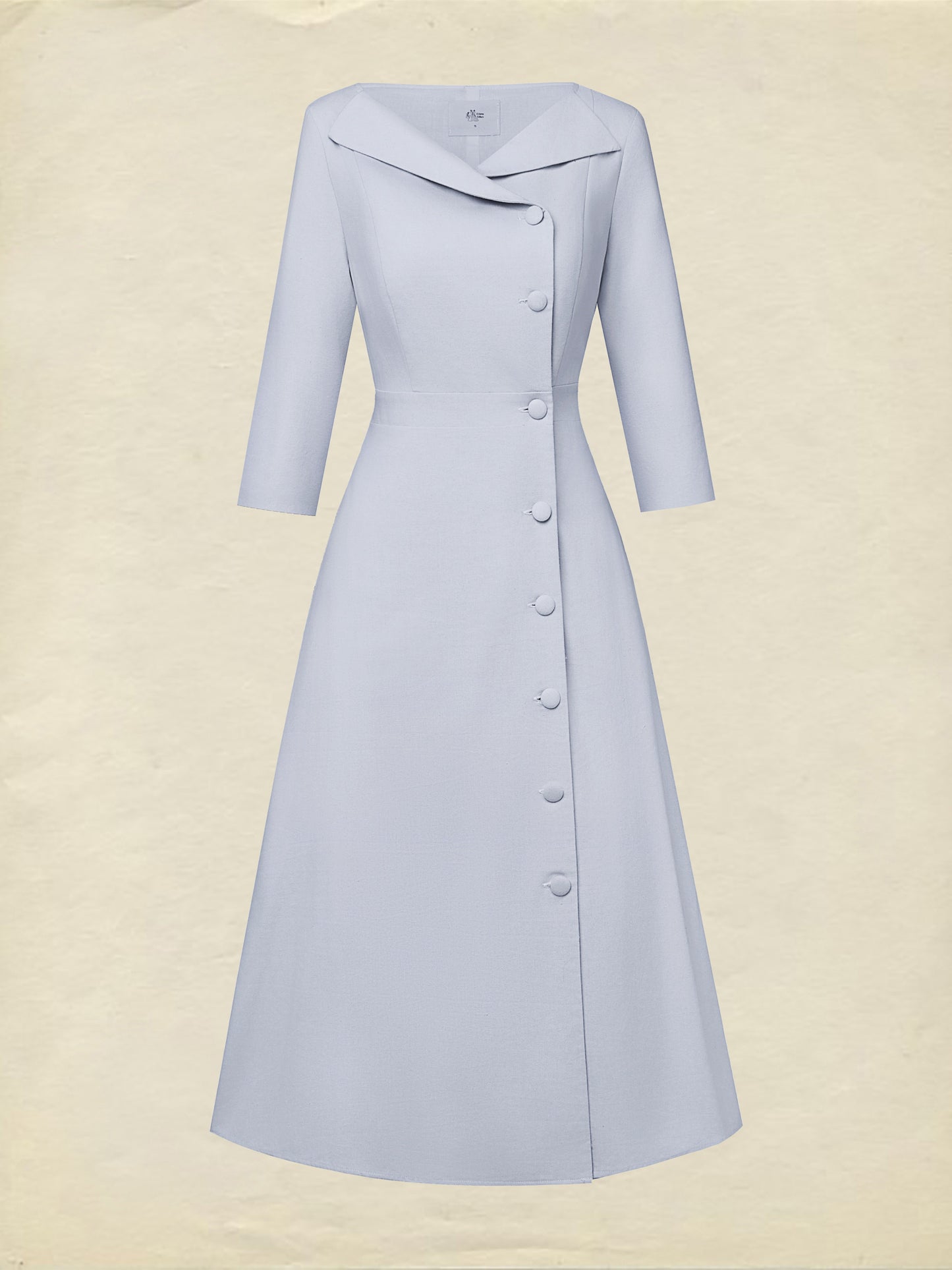 Robe en lin midi, demi-manches, col châle, unie, boutonnée, vintage français, lavande
