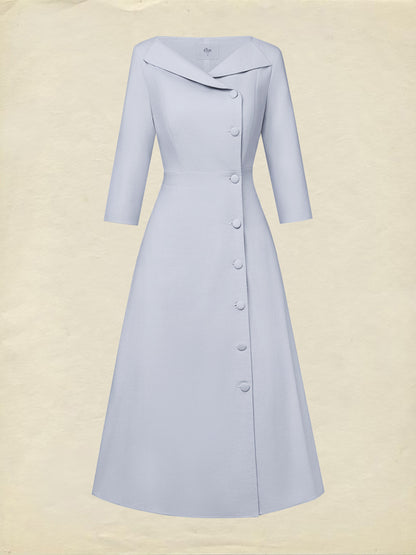 Robe en lin midi, demi-manches, col châle, unie, boutonnée, vintage français, lavande