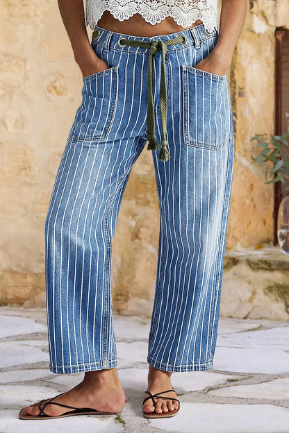 Pinstripe Drawstring Patched Pocket High Waist Straight Leg Crop Jeans