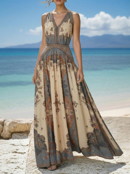 Robe longue en coton, sans manches, col en V, motif floral, ceinture, vacances, style vintage, couleur abricot