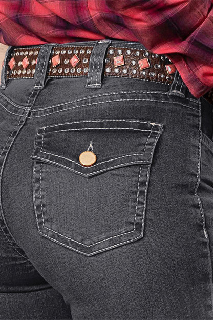 Wash Mid Waist Buttoned Hem Bootcut Jeans Without Belt