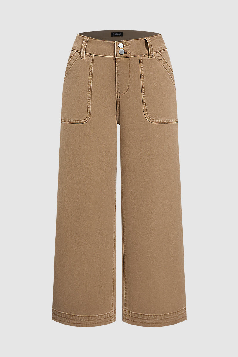 Solid Patched Pocket Mid Waist Wide Leg Pants