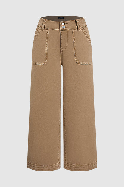 Solid Patched Pocket Mid Waist Wide Leg Pants