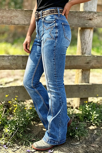 Wash Star Pattern Stitch Detail Mid Waist Bootcut Jeans Without Belt