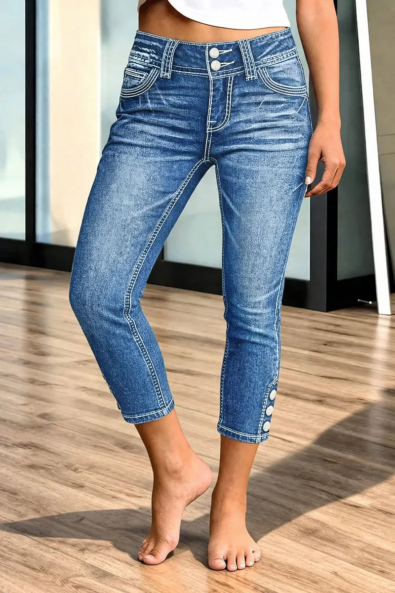 Wash Button Side Mid Waist Skinny Crop Jeans