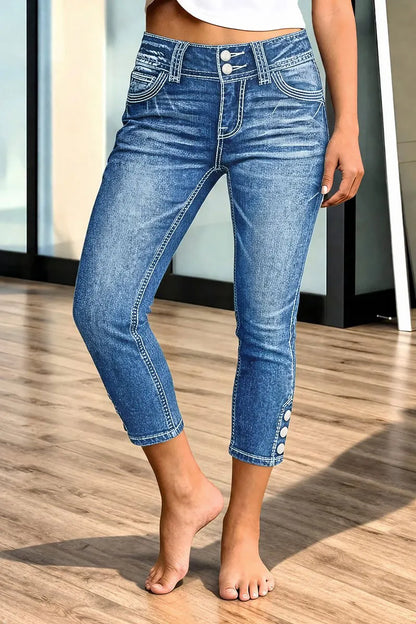 Wash Button Side Mid Waist Skinny Crop Jeans