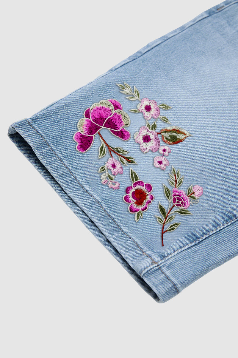 Wash Floral Embroidery High Waist Denim Bermuda Shorts