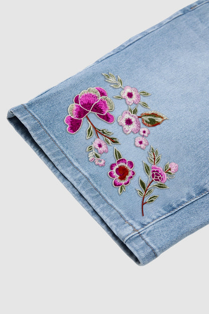 Wash Floral Embroidery High Waist Denim Bermuda Shorts