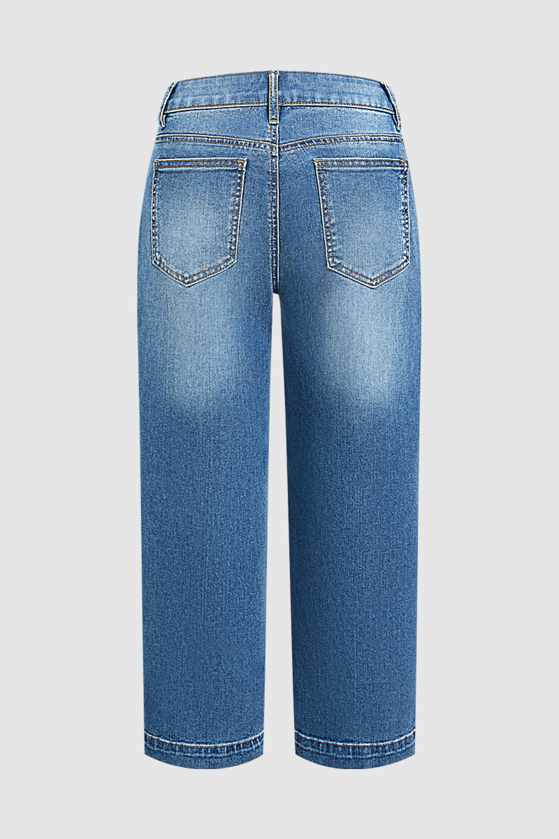 Ripped Flap Decor High Waist Straight Leg Cropped Jeans