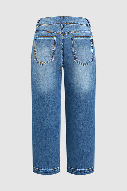 Ripped Flap Decor High Waist Straight Leg Cropped Jeans