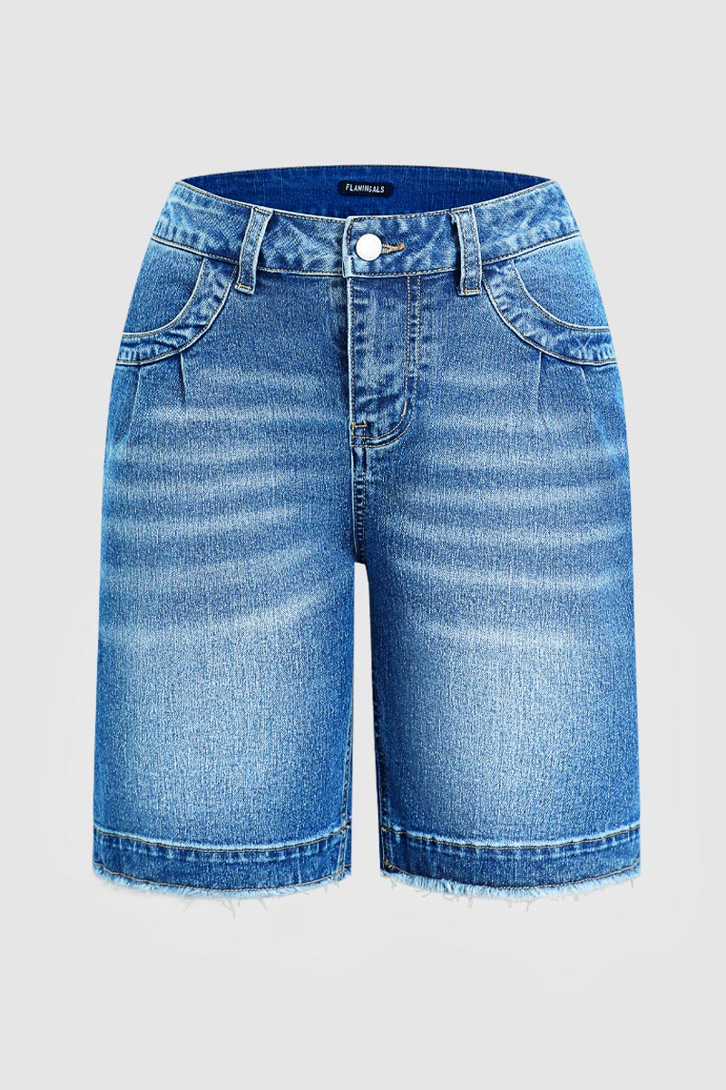 Wash Raw Hem High Waist Denim Bermuda Shorts Without Belt
