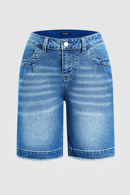 Wash Raw Hem High Waist Denim Bermuda Shorts Without Belt
