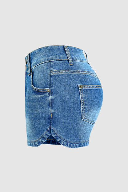 Wash Split Dual Button Mid Waist Denim Shorts