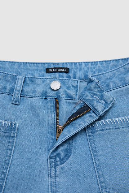 Wash Contrast Stitch Patch Pocket Mid Rise Barrel Leg Crop Jeans Without Belt
