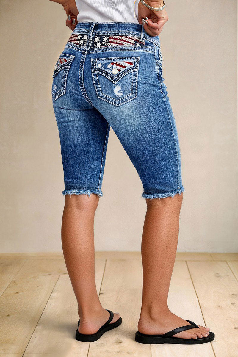Star & Stripe Embroidery Raw Hem Ripped High Waist Denim Bermuda Shorts