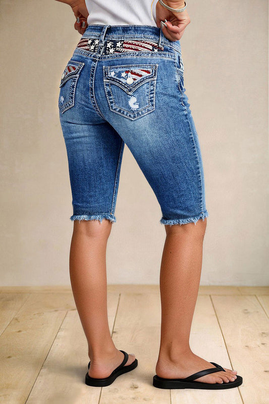 Star & Stripe Embroidery Raw Hem Ripped High Waist Denim Bermuda Shorts