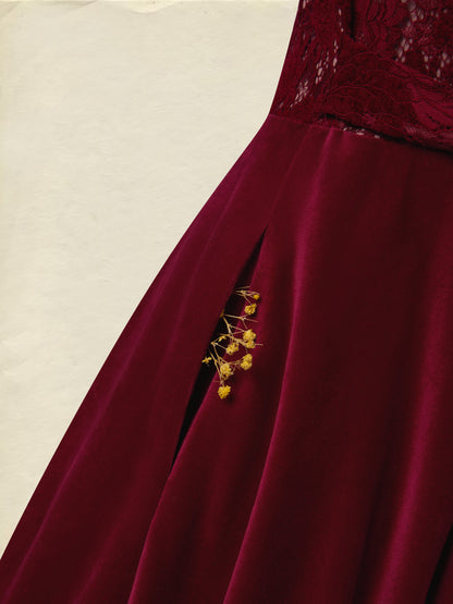 Robe midi en coton, manches longues, col rond, fleurie, dentelle, vintage, rouge