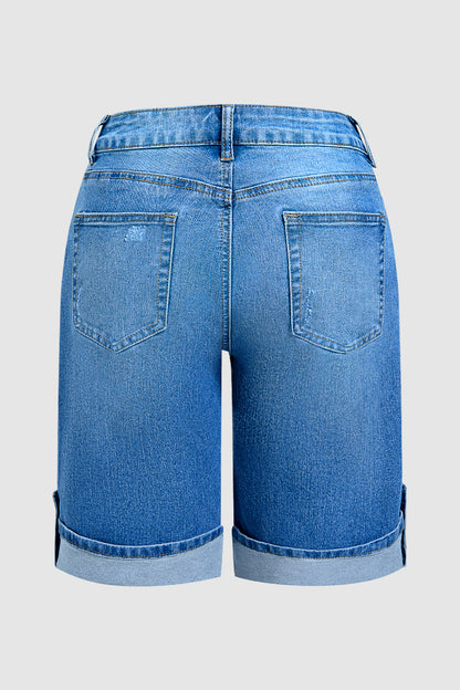 Ripped Seam Front Roll Hem Mid Rise Denim Bermuda Shorts Without Belt