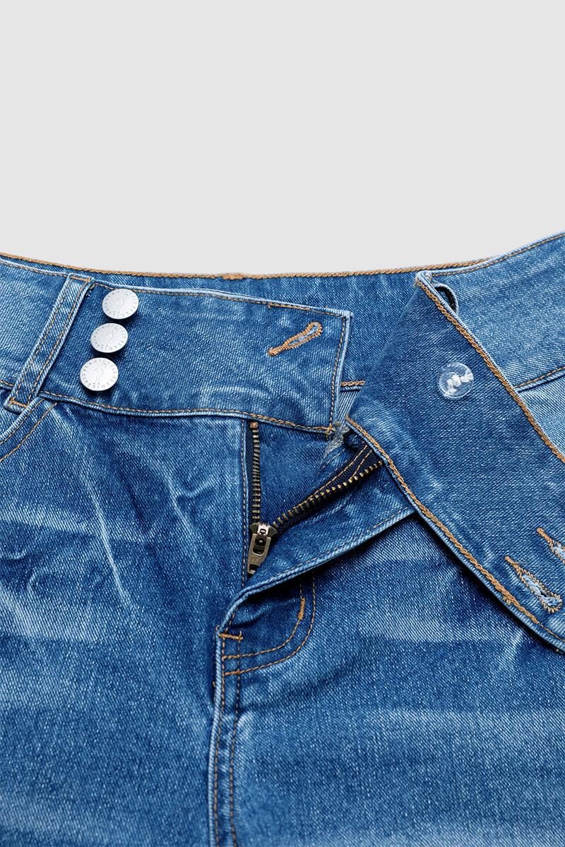 Asymmetrical Button Fly Mid Waist Denim Mid Thigh Shorts