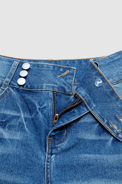 Asymmetrical Button Fly Mid Waist Denim Mid Thigh Shorts