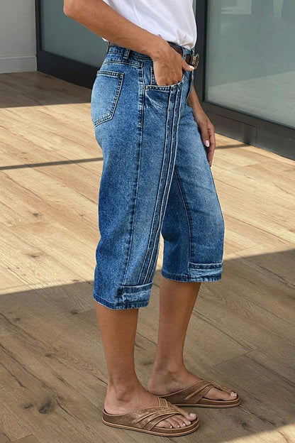 Wash Stitch Detail Mid Waist Straight Leg Capri Jeans Without Belt