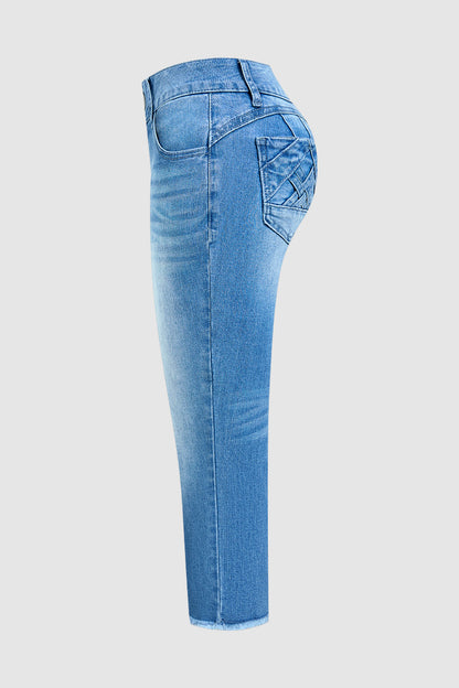 Braided Detail Raw Hem High Rise Capri Skinny Jeans