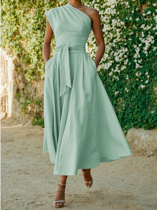 Robe longue en coton, sans manches, asymétrique (une épaule), unie, ceinture décorative, vintage, rose clair