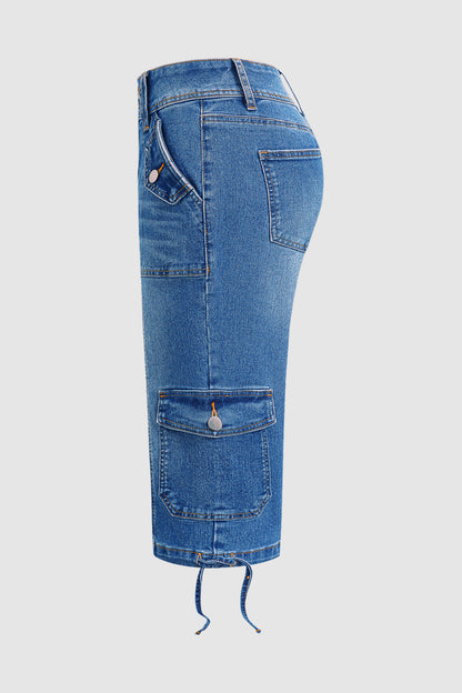 Wash Flap Pocket Drawstring Hem Mid Waist Straight Leg Capri Jeans