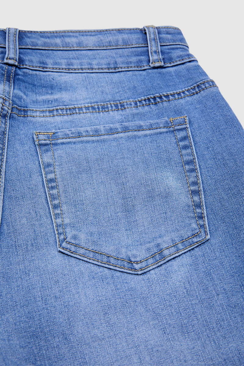 Wash Raw Hem Dual Button Mid Waist Bootcut Jeans