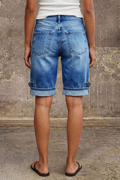 Wash Buckle Decor Roll Hem Mid Waist Denim Bermuda Shorts