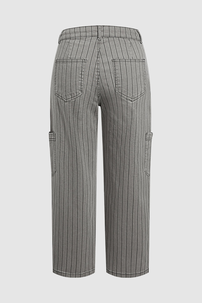 Pinstriped Drawstring Side Pocket High Waist Straight Leg Cropped Pants