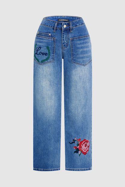 Valentine's Day Pattern Embroidered Patch Pocket Mid Rise Straight Leg Jeans Without Belt